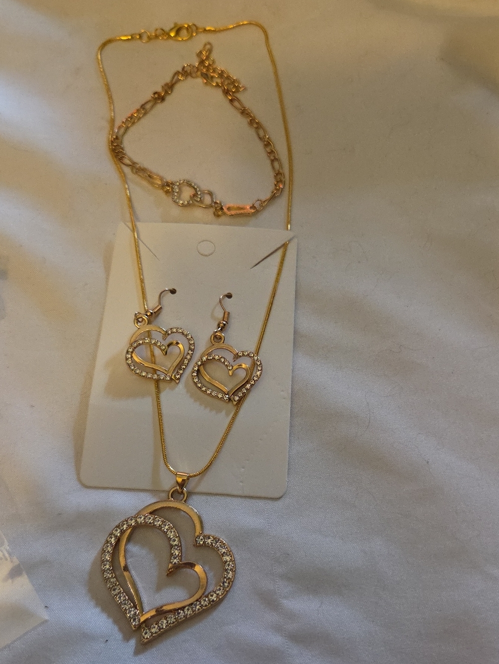 Gold Double Heart Pendant Necklace with Matching Earrings & Bracelet- Gold